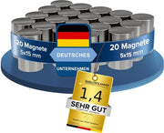 20x Magnete Neodymium - Magnete Extra Forti Lungo - Diametro 5x15mm Lungo - Magnete Forti Super - Peso di Attrazione ca. 1,2 kg - Magnete per lavagne bianche, lavagne, lavagne per appunti, officine