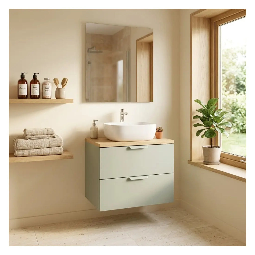 Set da bagno sospeso OSTER 60cm: mobile sotto lavabo con cassetti verde salvia + piano per lavabo effetto rovere chiaro