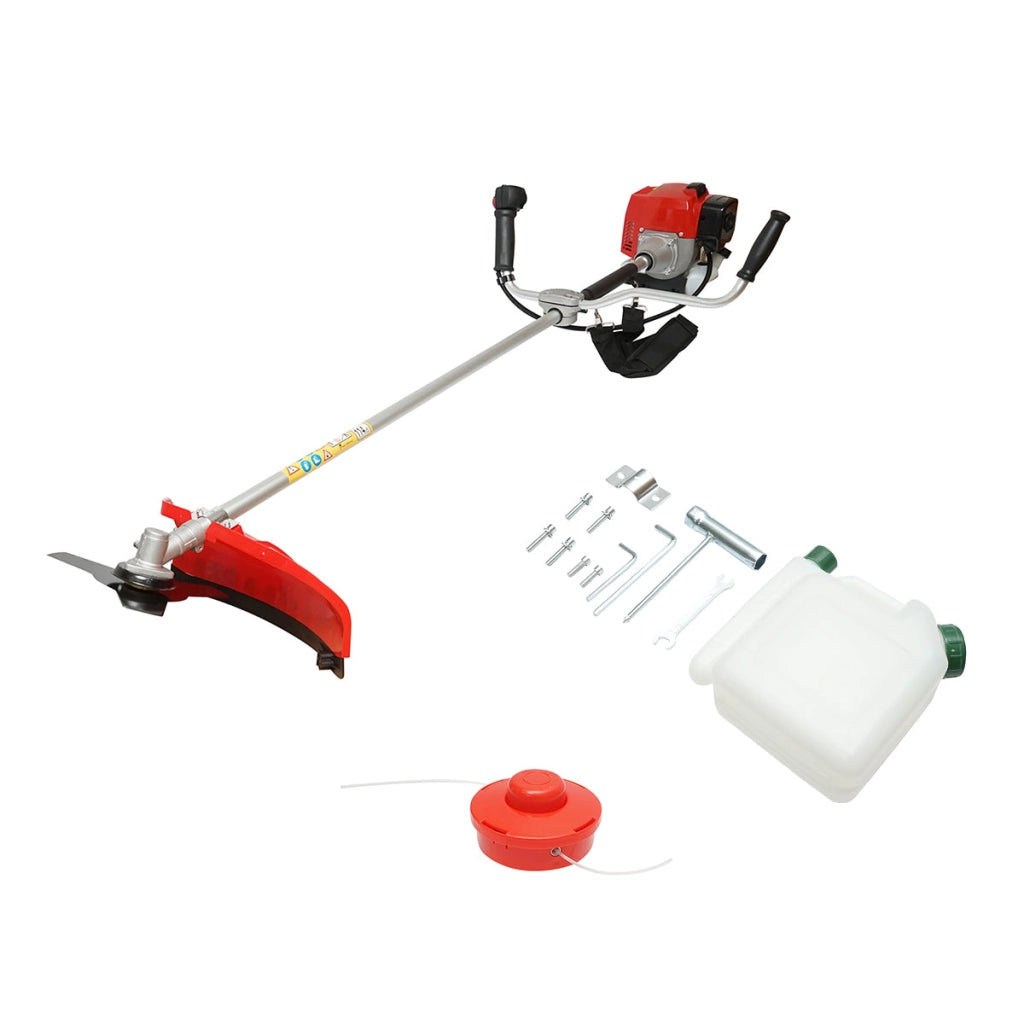 Decespugliatore a benzina 2,5 CV, 2T 52 cc, velocità 8000 giri/min, disco 3T, tamburo portafilo, kit accessori incluso