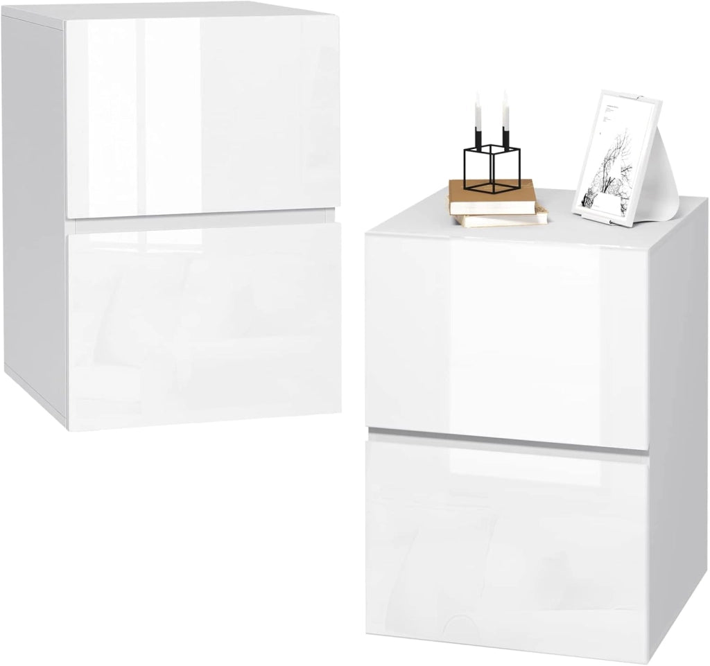 Set di 2 Comodino con 2 Cassetti Lucido, Mobiletto Bianco per Camera da Letto, Salotto, Cassettiera Piccola Salvaspazio in Legno, 40x40x58cm, Design Moderno, 0182ZZ-2