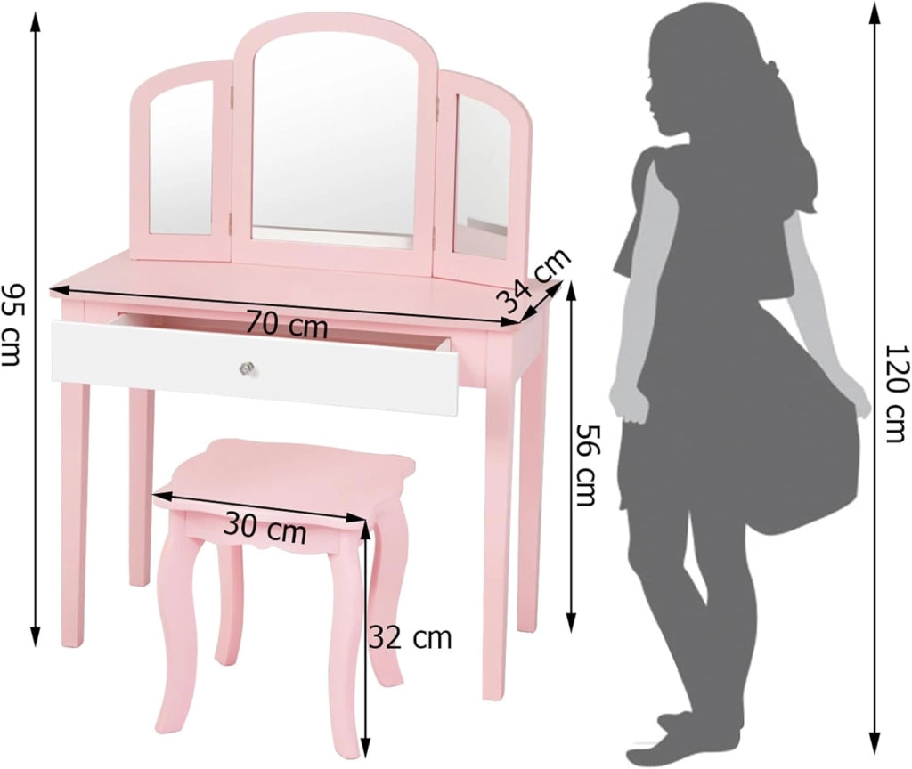 Toeletta Trucco per Bambina, Specchiera Trittica per Ragazza in Legno Robusto con Sgabello e Cassetto, Postazione Trucco 2 in 1 per Cameretta e Cmera da Letto, 95x70x34cm(Rosa)