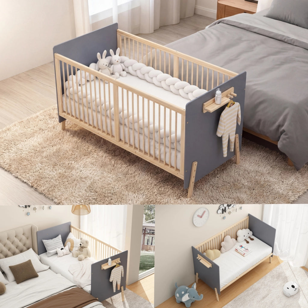 Lettino in legno massello 140x70x86 3 altezze blu-grigio usabile come divano senza materasso