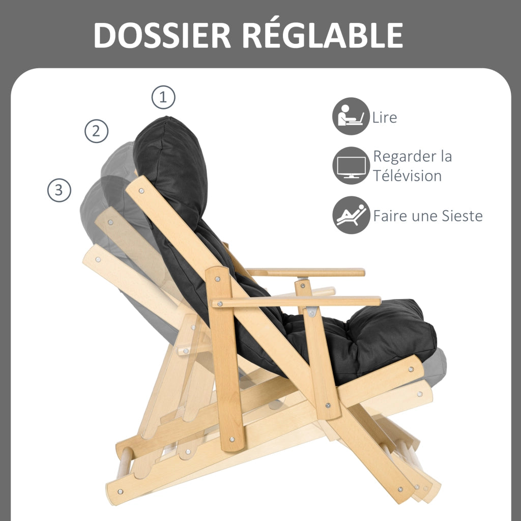 Poltrona Relax Reclinabile Pieghevole in Legno ¨C Minimal ¨C Grigio Scuro con Cuscino