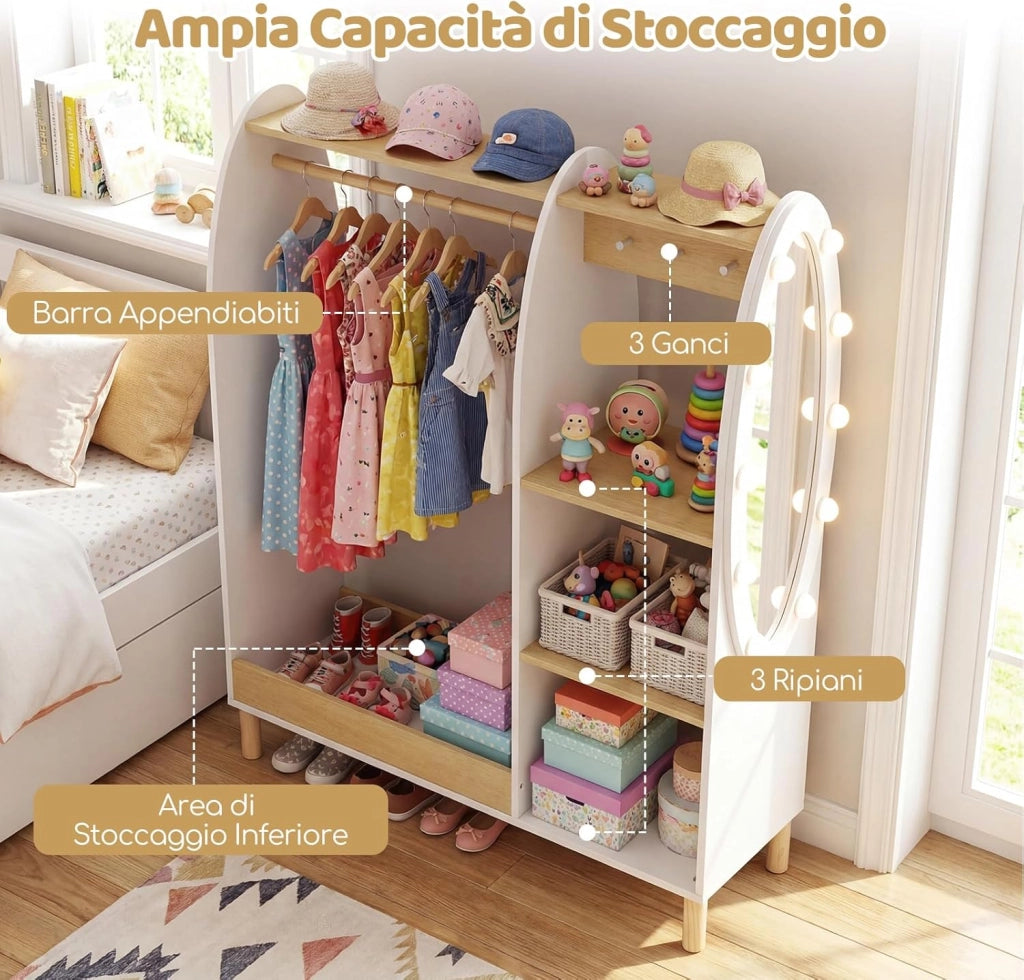 Guardaroba per Bambini, Armadio Gioco con Specchio e Luci, Guardaroba Aperto con Ripiani e Ganci, Organizer per Stanza e Camera da Letto, 91x28x110 cm