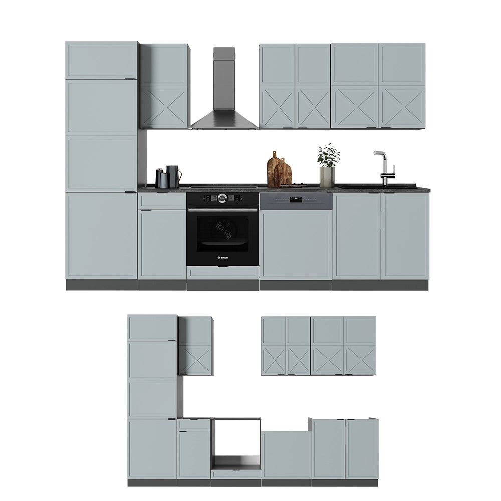 Cucina componibile Fame-Line Blu-grigio chiaro/Antracite 300 cm senza piano di lavoro Vicco