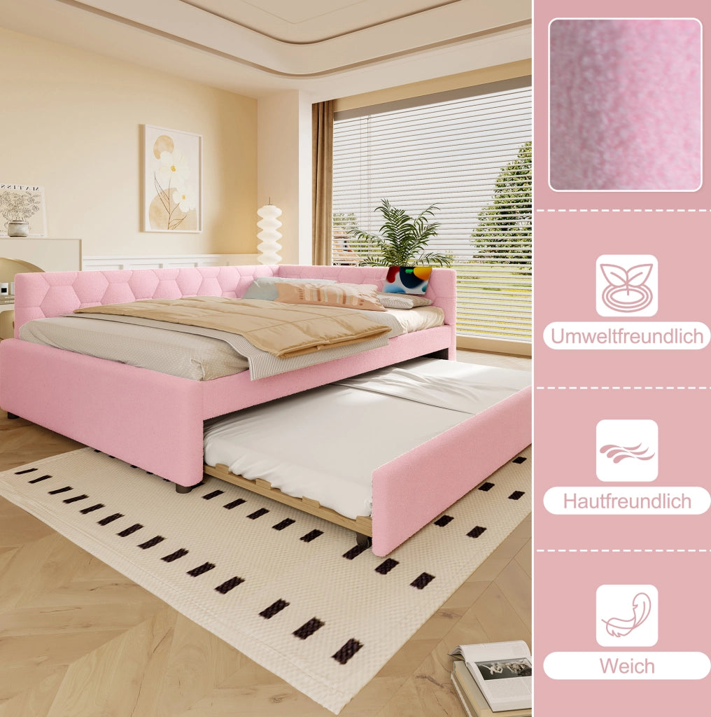 Daybed rosa 140x200 cm con letto estraibile, USB e luce