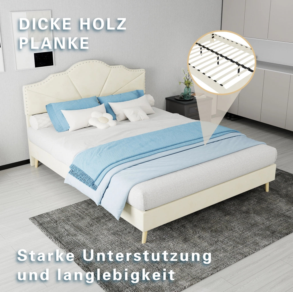 Letto 140x200 cm con testiera geometrica in tessuto beige