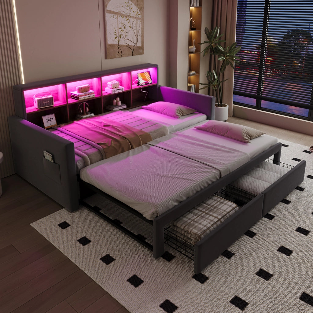 Letto Estraibile 1-2 Posti con Contenitore; 2 Cassetti; LED; USB e USB-C; 90×190 e 180×190 cm; senza Materasso
