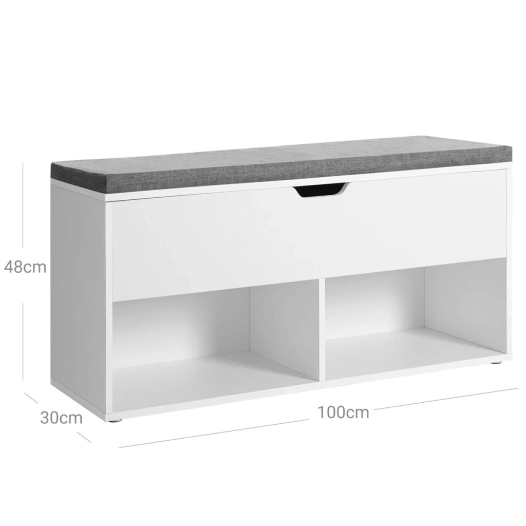 Panca portascarpe con 2 scomparti aperti e 1 scomparto chiuso seduta imbottita per ingresso camera da letto 100 x 30 x 48 cm bianco 12_0004070