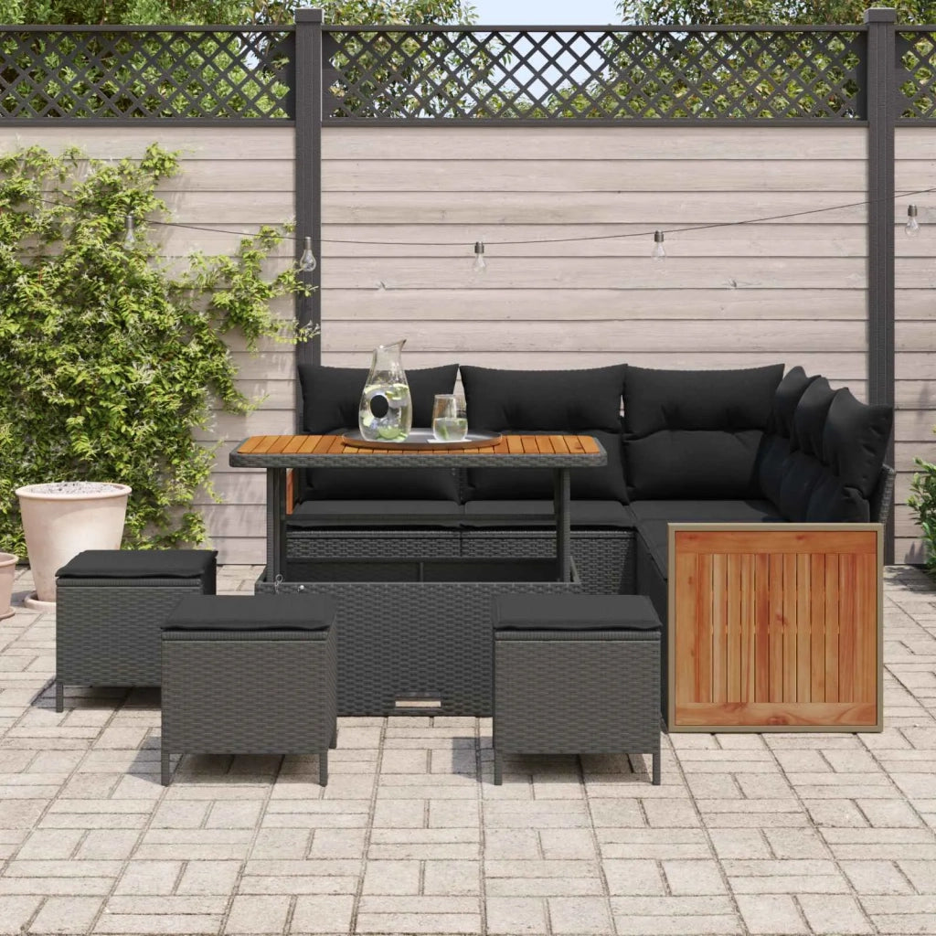 Set Divano da Giardino con cuscino 9 pcs Nero polyrattan