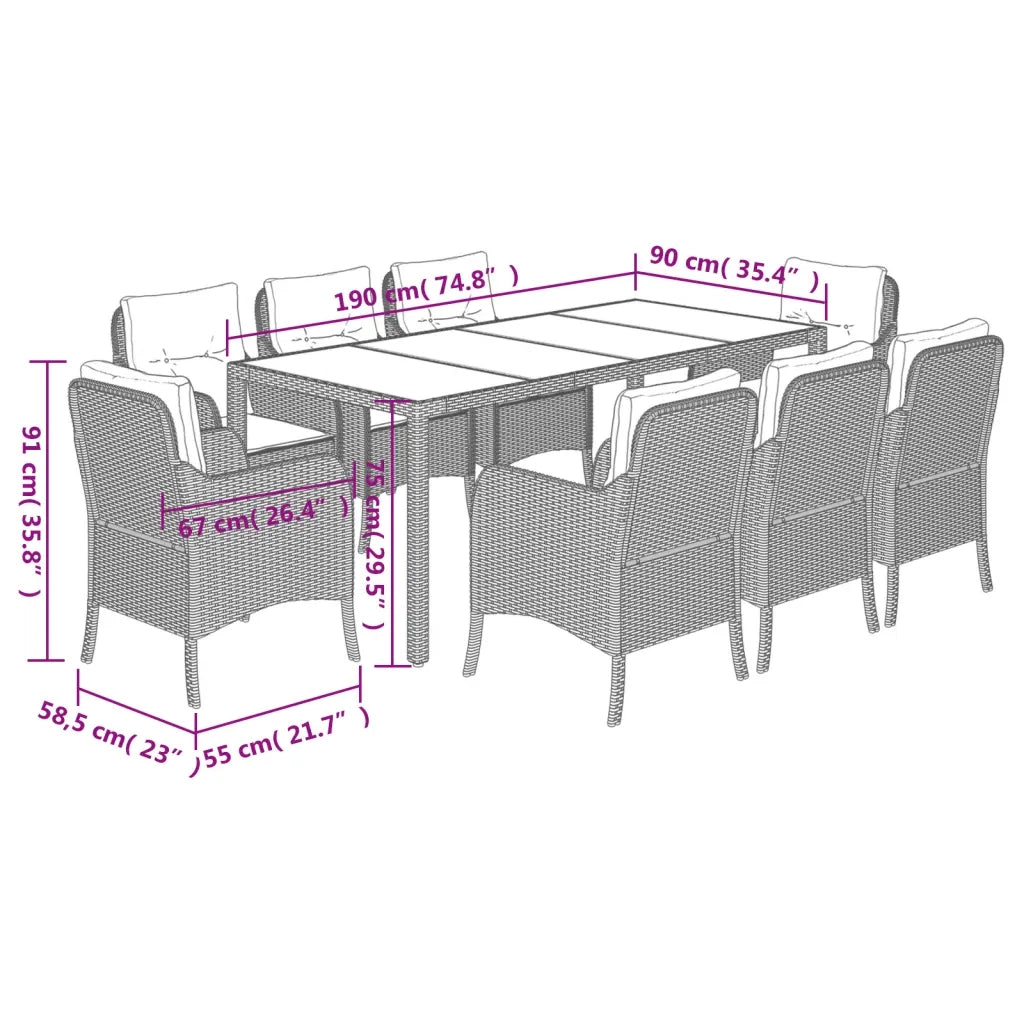 Set da Pranzo da Giardino 9 pz con Cuscini Nero in Polyrattan 3211847