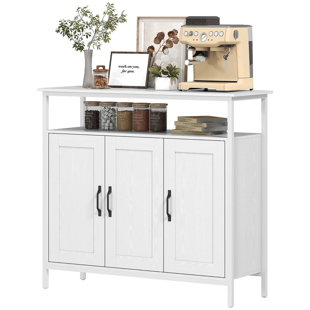 Credenza da Cucina con Ripiano Aperto e 2 Armadietti. in Legno e Acciaio. 100x35x88 cm. Bianco