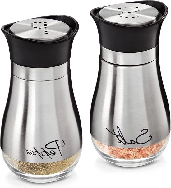 Set di insaporitori di sale e pepe in vetro e acciaio inossidabile - 118 ml ciascuno