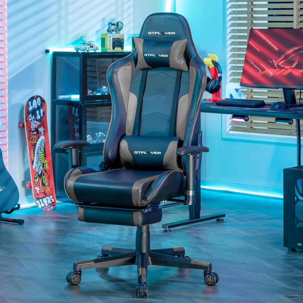 Sedia da gioco con poggiapiedi, altoparlante Bluetooth, sedia da gioco, ergonomica, sedia da ufficio, sedia da scrivania con barrières Réglables, 200 kg, grigio