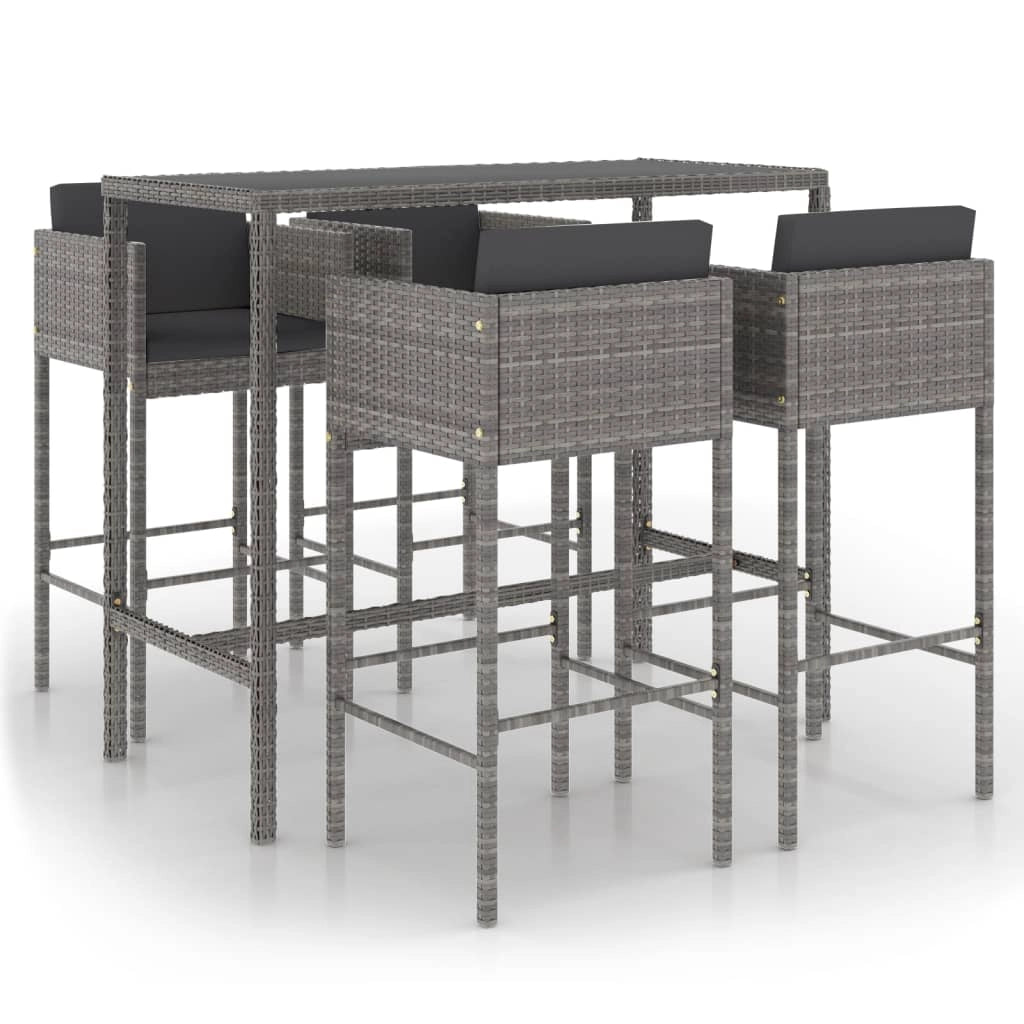 Set da bar da giardino 5 pezzi e cuscini in resina intrecciata grigia 02_0013402