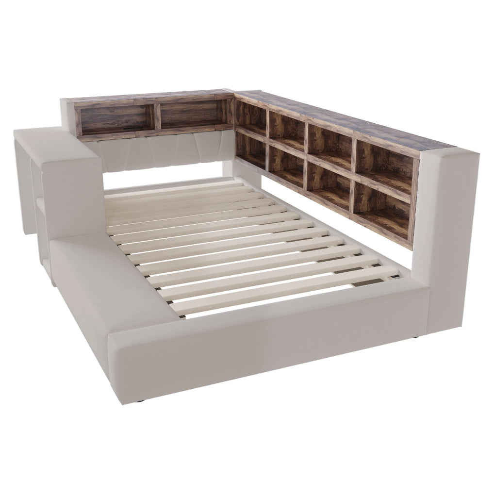 Letto imbottito 90x200 cm con vani portaoggetti; LED; prese integrate e comodino; grigio chiaro