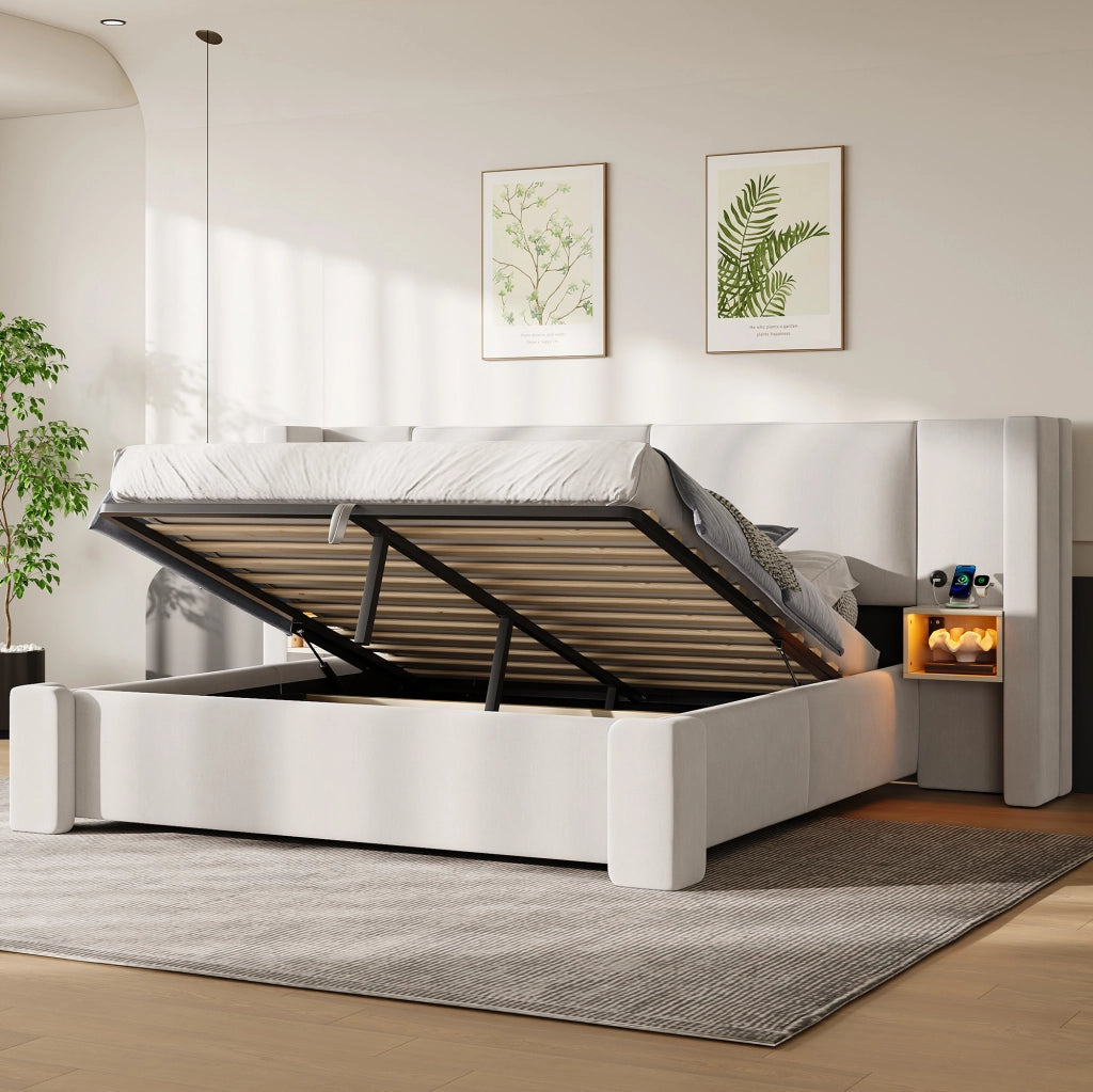 Letto imbottito 180x200 cm in lino beige con contenitore idraulico e LED