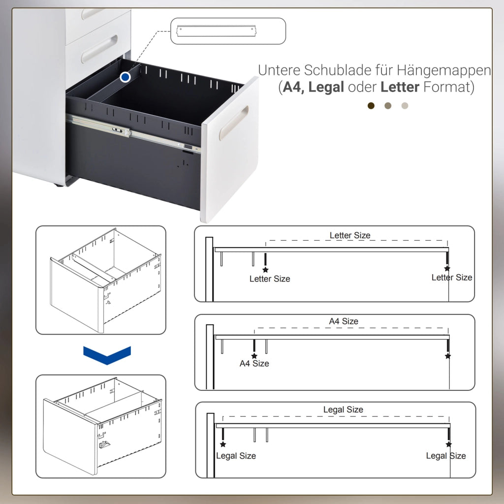 Mobile schedario/contenitore per ufficio con 3 cassetti, in acciaio, bianco, 39x48x59 cm