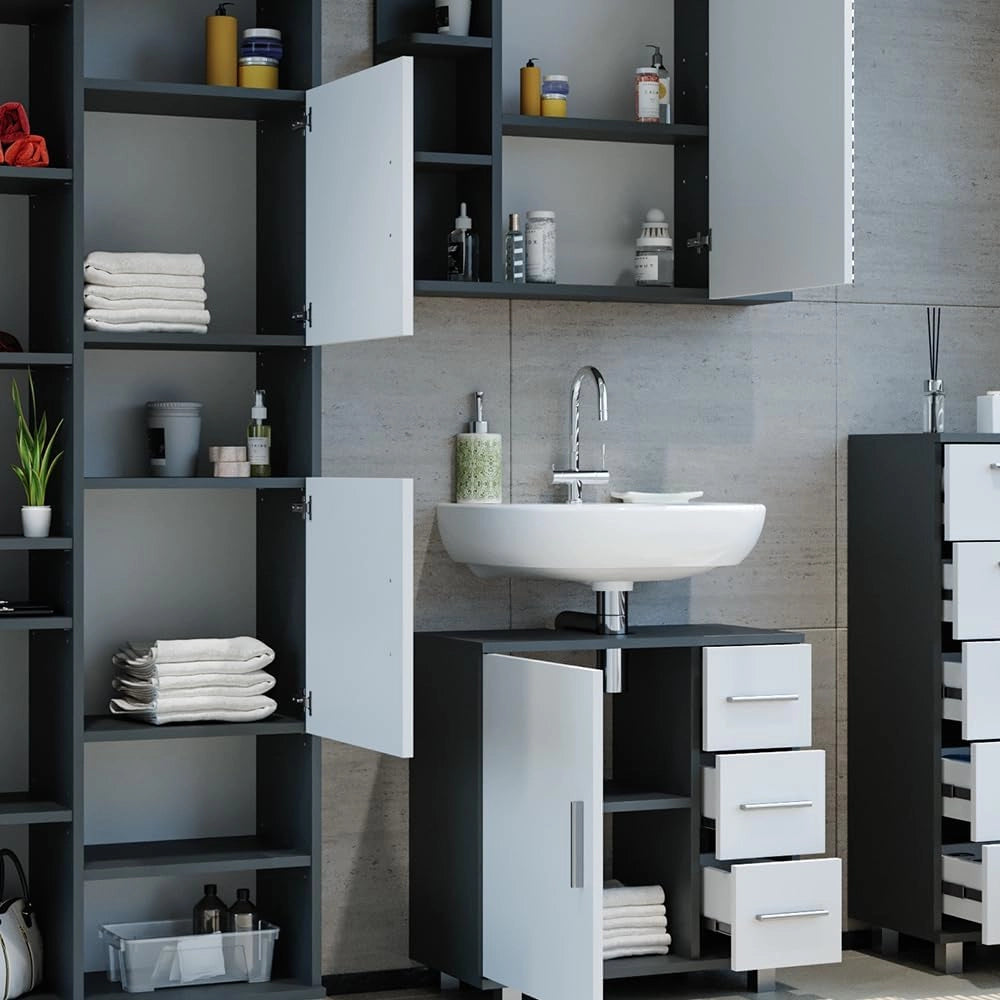 Set mobili bagno Ilias, Antracite, 60 cm, composto da mobile lavabo, pensile a specchio, colonna e base media