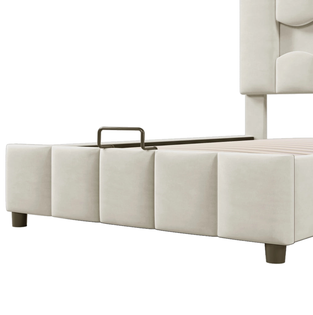 Letto imbottito 90x200 cm con contenitore idraulico; LED multicolore e testiera regolabile; beige