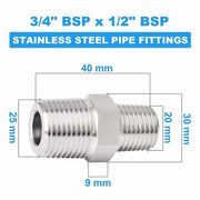 Zeskantnippel in acciaio inossidabile 304 - Connettore BSP 3/4" x 1/2" - Flessibile - Industriale - Adatto per acqua, aria, gas - Compatibile con diverse tubazioni - Connettore di tubo