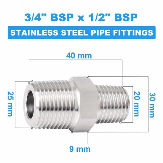 Zeskantnippel in acciaio inossidabile 304 - Connettore BSP 3/4" x 1/2" - Flessibile - Industriale - Adatto per acqua, aria, gas - Compatibile con diverse tubazioni - Connettore di tubo