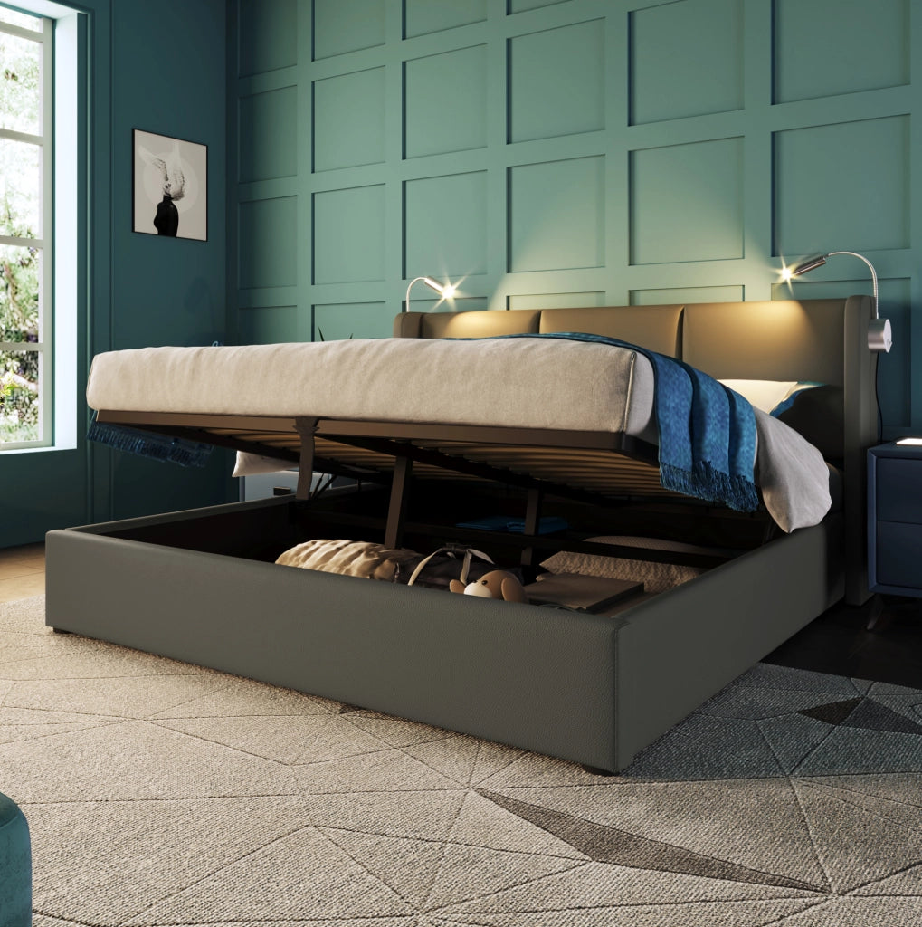 Letto imbottito 140x200 cm grigio con materasso, contenitore, luce USB