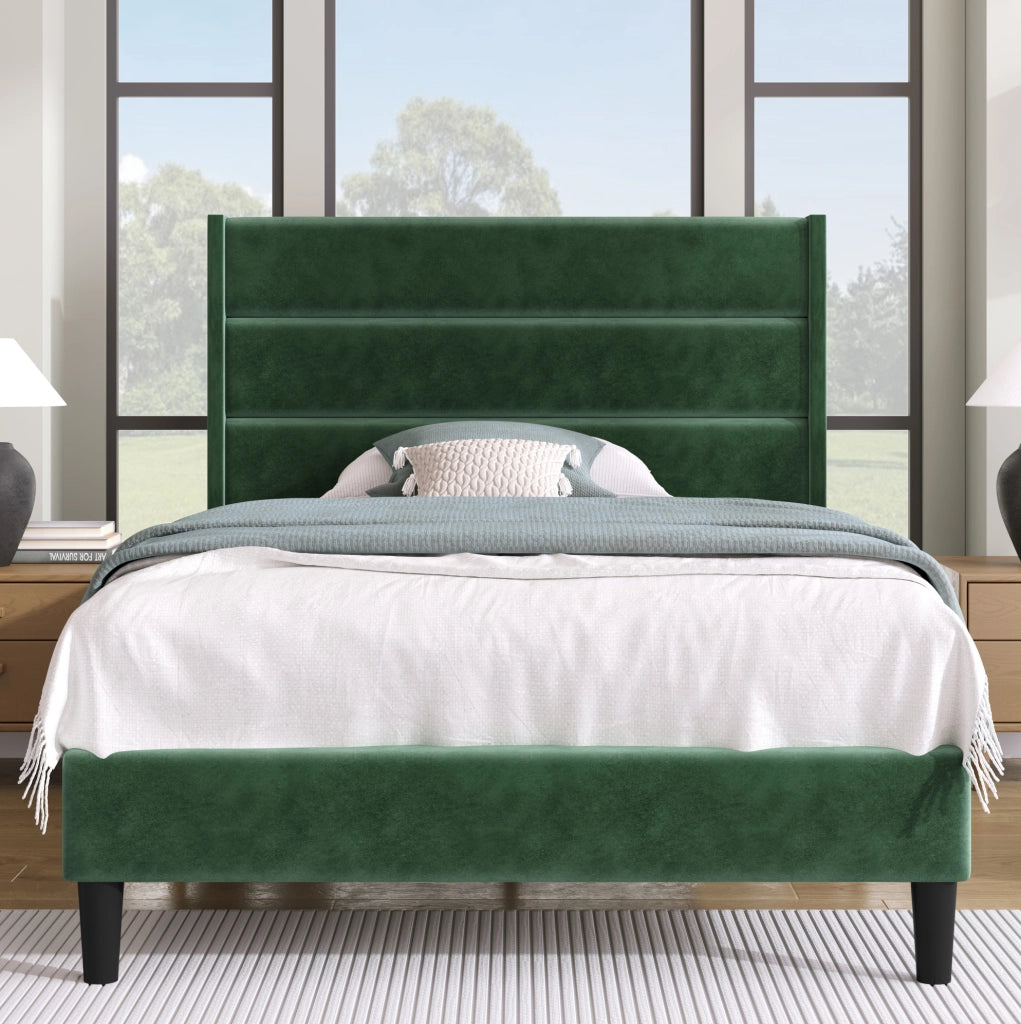 Letto singolo imbottito 90 x 200 cm in velluto verde scuro con rete e testiera confortevole