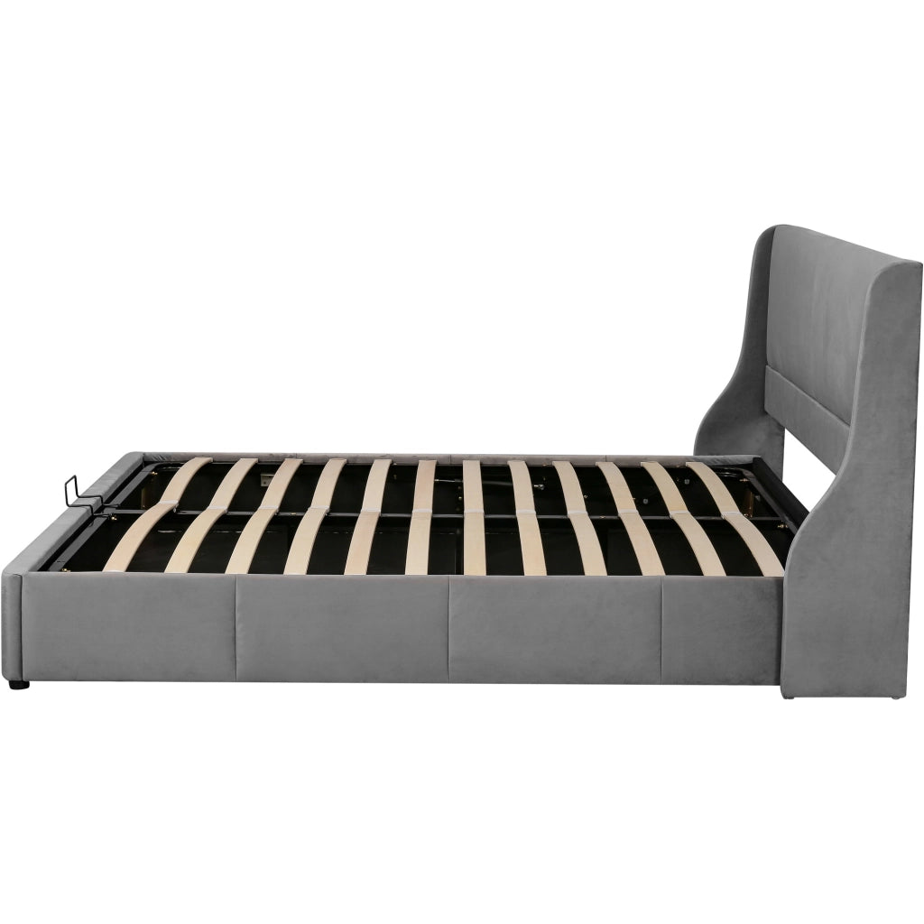 Letto matrimoniale imbottito grigio 180x200 cm con contenitore, rete a doghe e testiera a orecchie