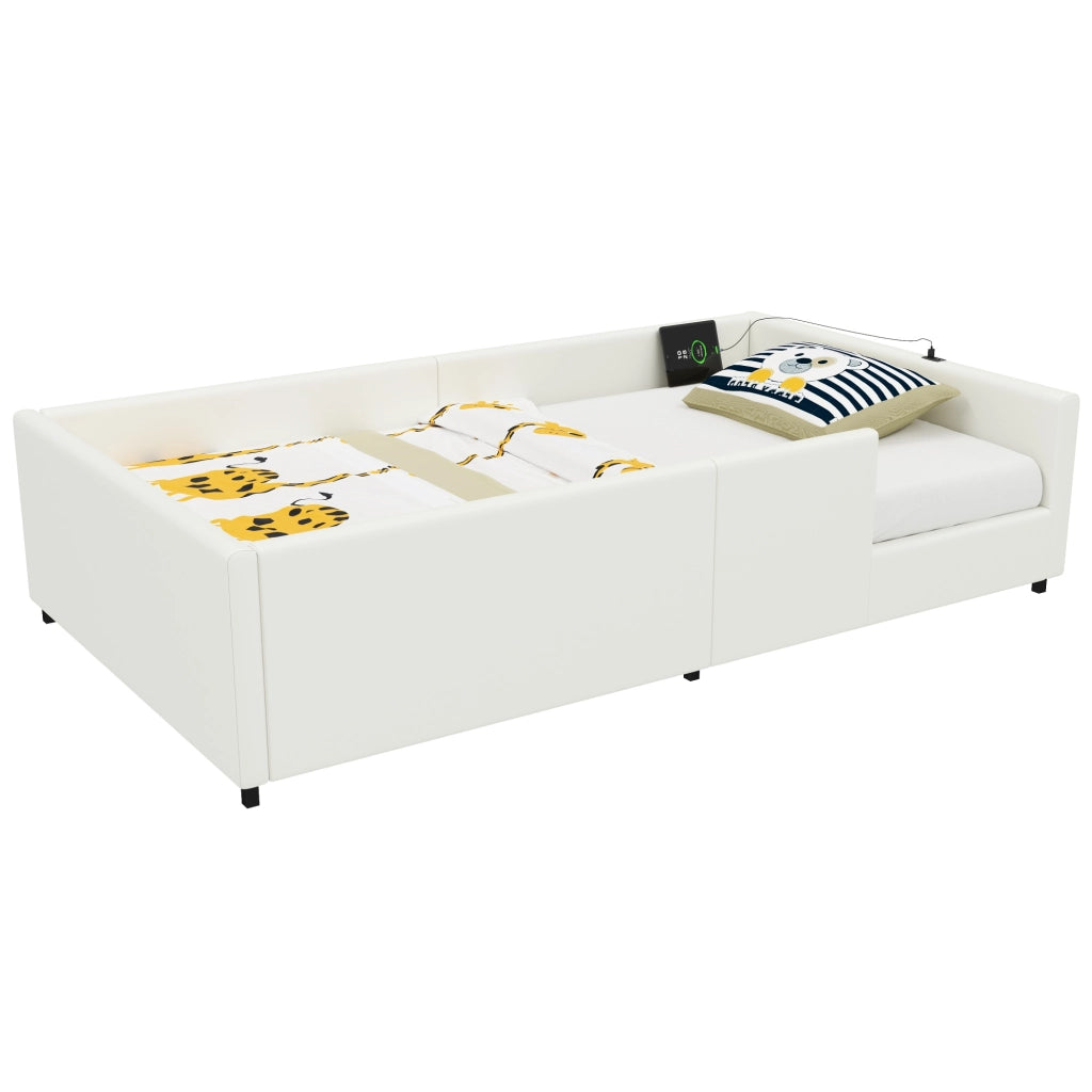Letto singolo imbottito 90×200 cm con barriera di sicurezza, porte USB e USB-C, senza materasso, bianco