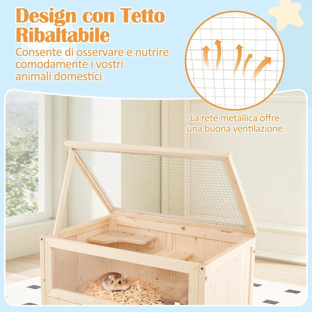 Gabbia per Criceti, Gabbia Criceti in Legno con Tetto a Rete, Aree Multiscala, Rampe, Ripiano Inferiore, Pannello in Acrilico, Porta Bloccabile, 60 x 40 x 80 cm