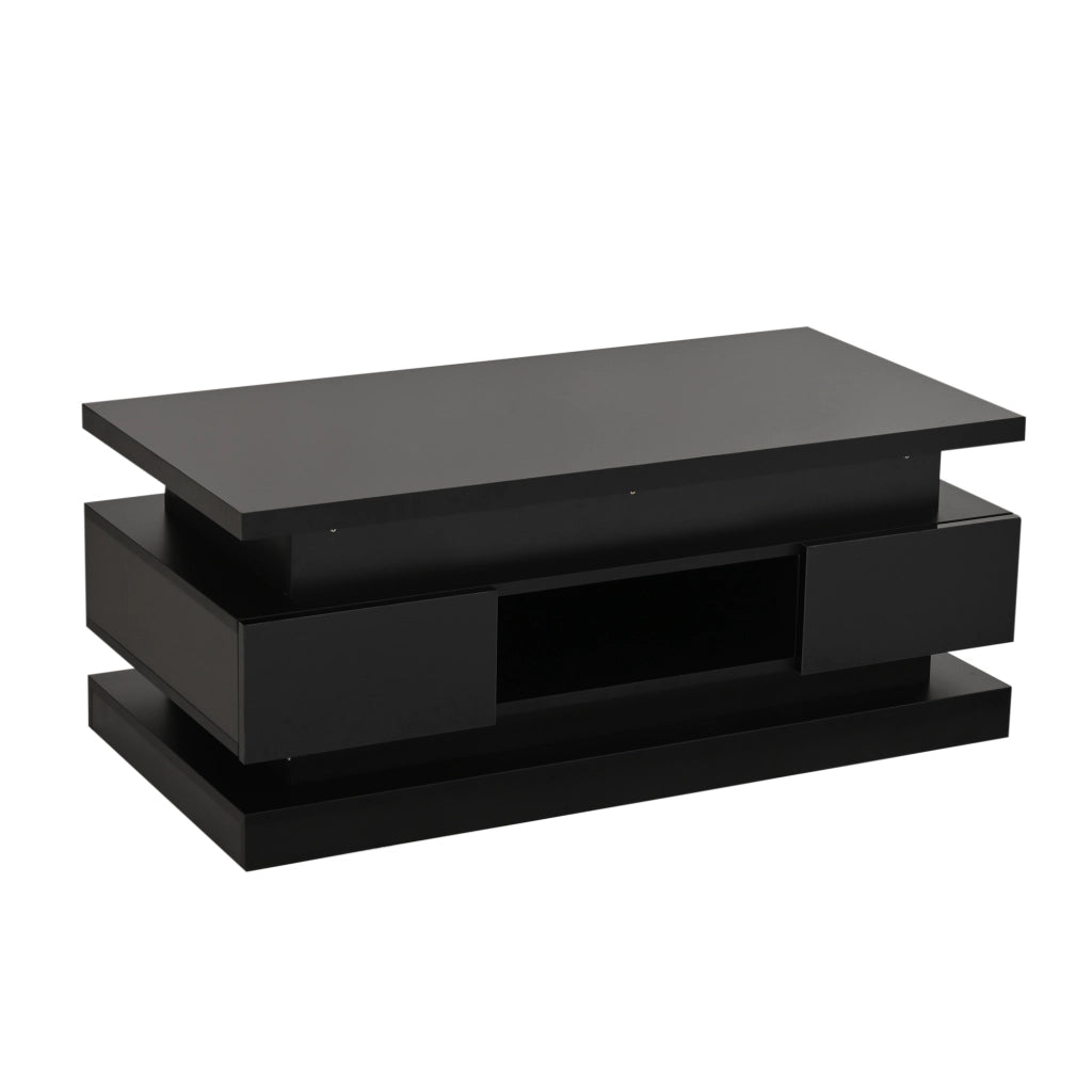 TAVOLINO DA CAFFÈ ALZABILE 100x50x40 cm NERO LUCIDO con LED e 2 cassetti