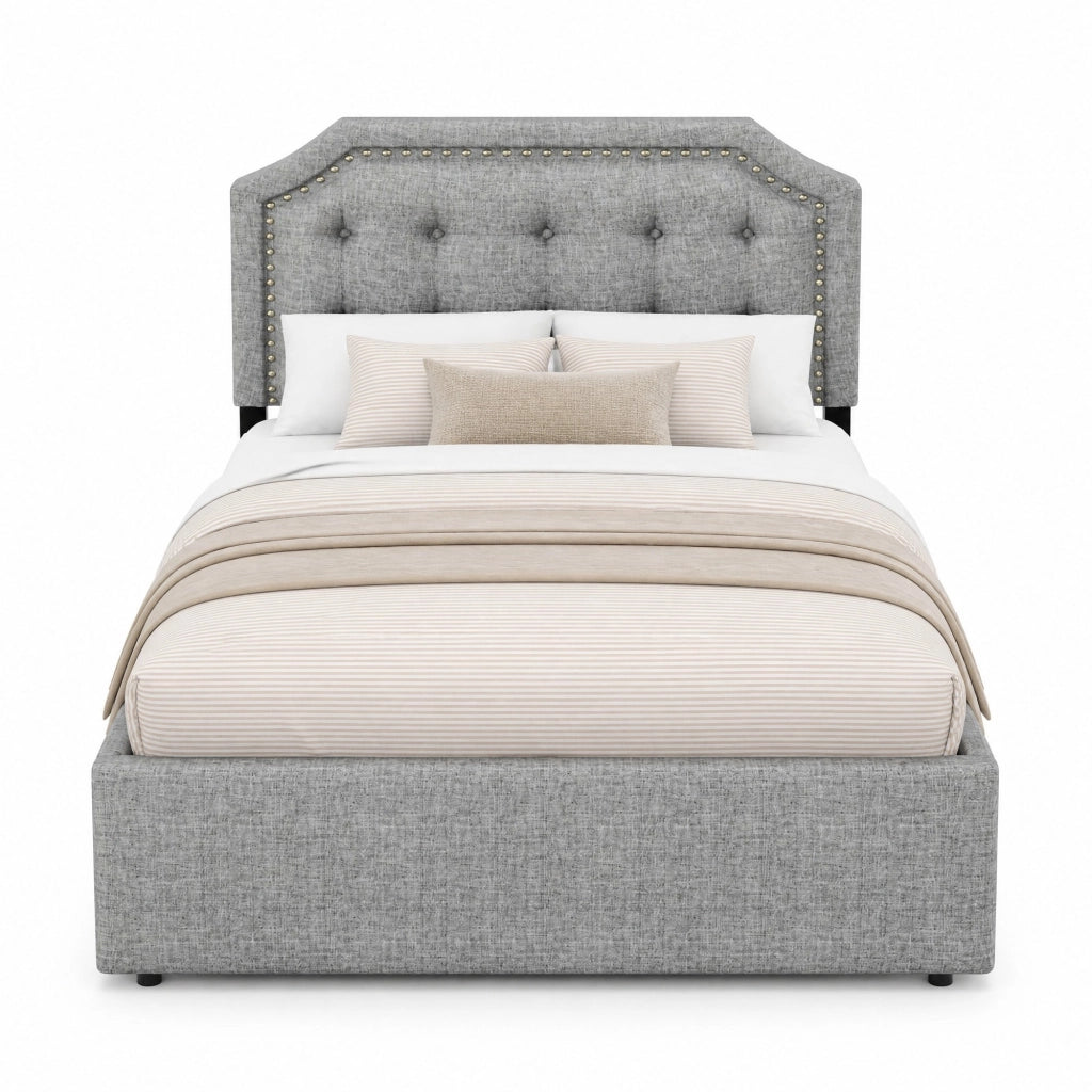 Letto con cassetti 90 × 200 cm imbottito con testiera regolabile e borchie decorative in lino e MDF grigio