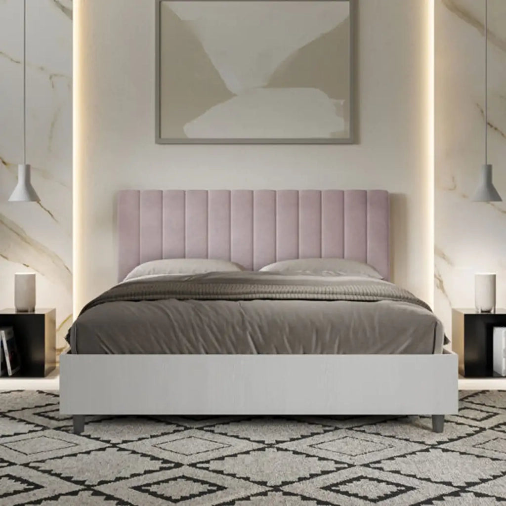 Letto matrimoniale contenitore 160x190 bianco frassino testata microfibra glicine Kaia
