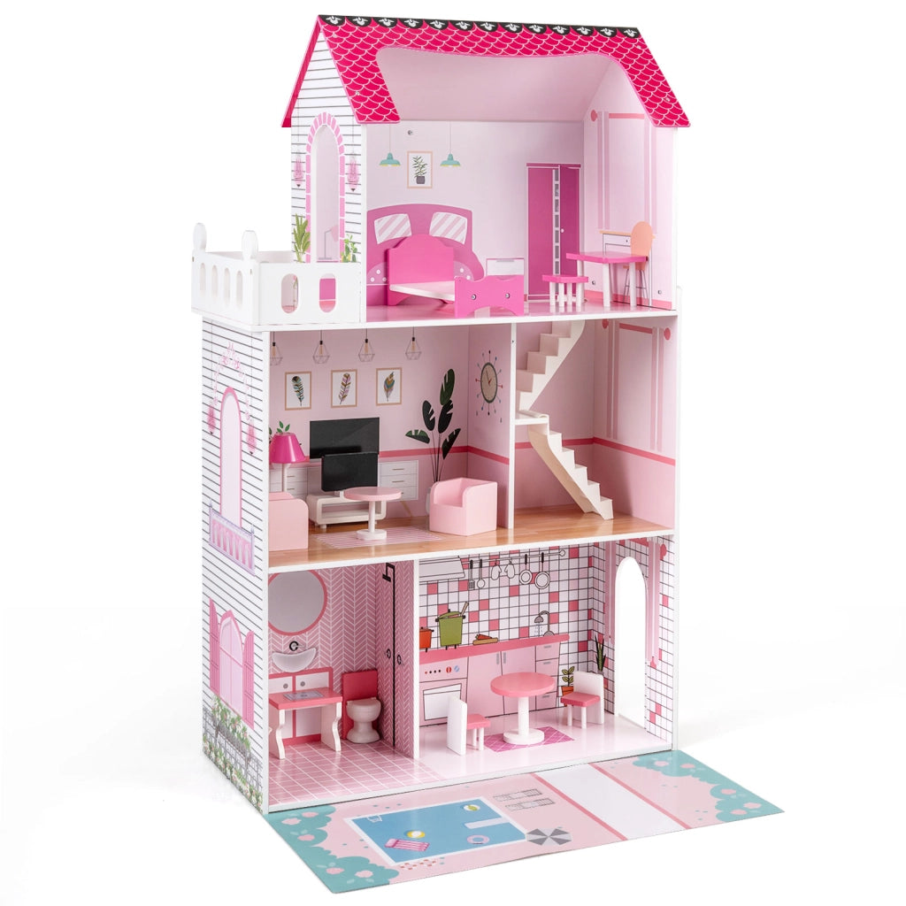 Casa bambole legno 17 pezzi mobili accessori scala racconti immaginativi, Casa bambole villa principessa bambini Rosa