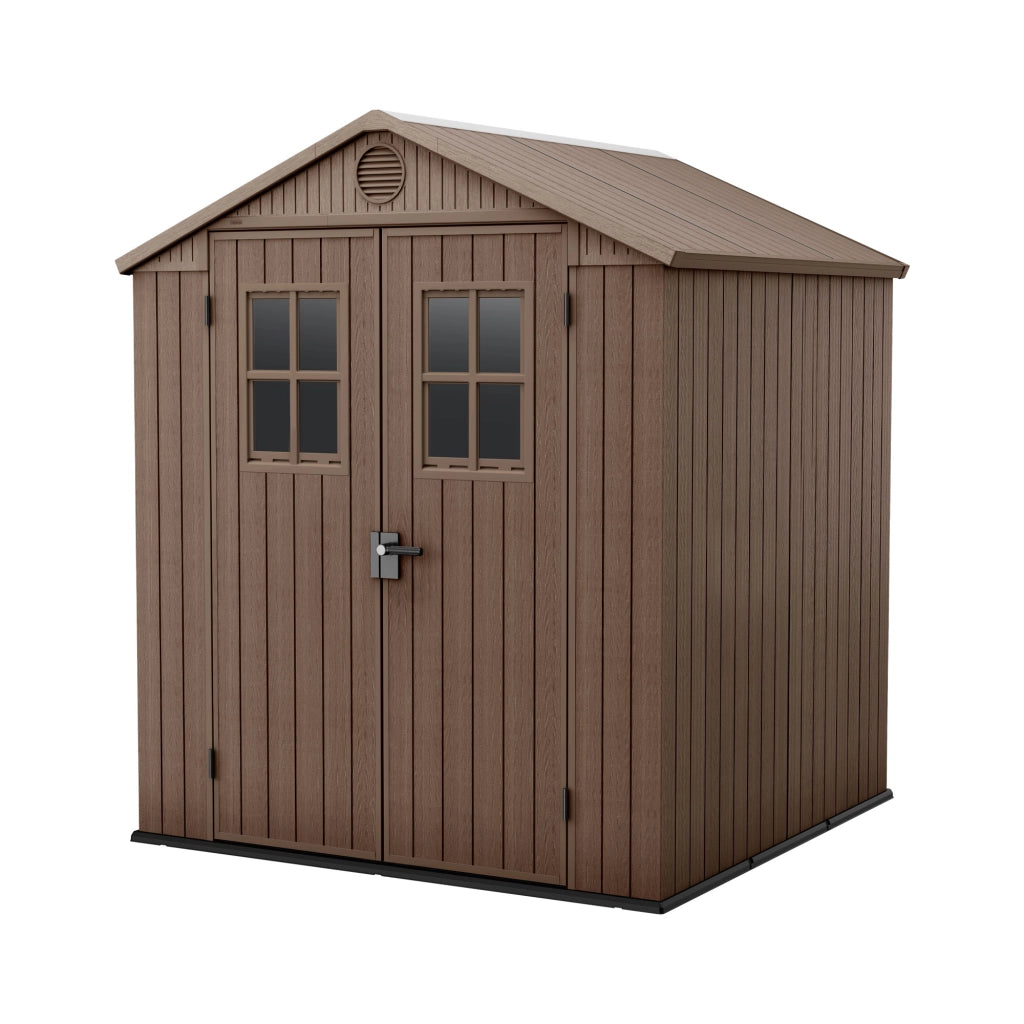 Darwin 6x6 - Casetta da Giardino 190x221x183 cm 2 Ante per deposito attrezzi finitura effetto legno Evotech+ in Resina Marrone
