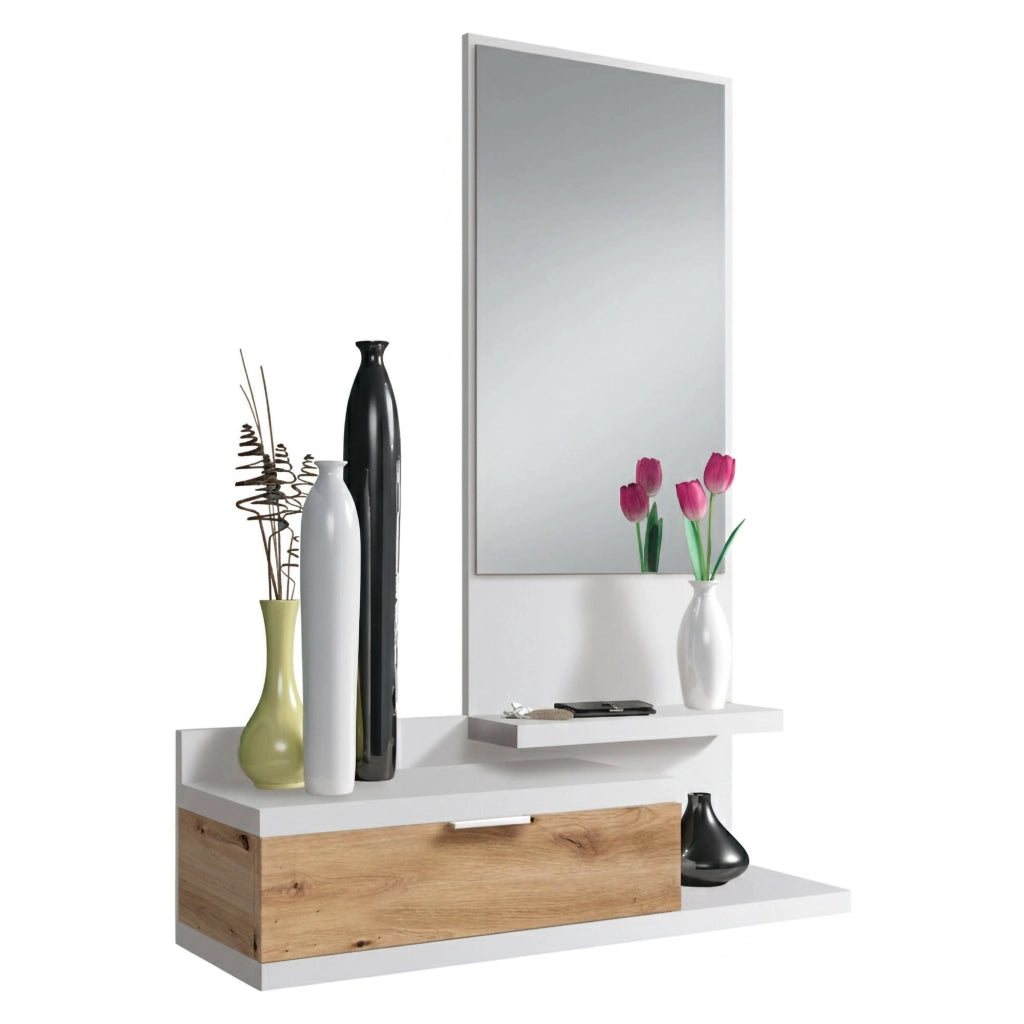 Mobile da ingresso Adina, Entratina con specchio, Mobile per atrio con cassetto, Svuotatasche per piccoli appartamenti, cm 81x29h116, Bianco e Rovere nodi