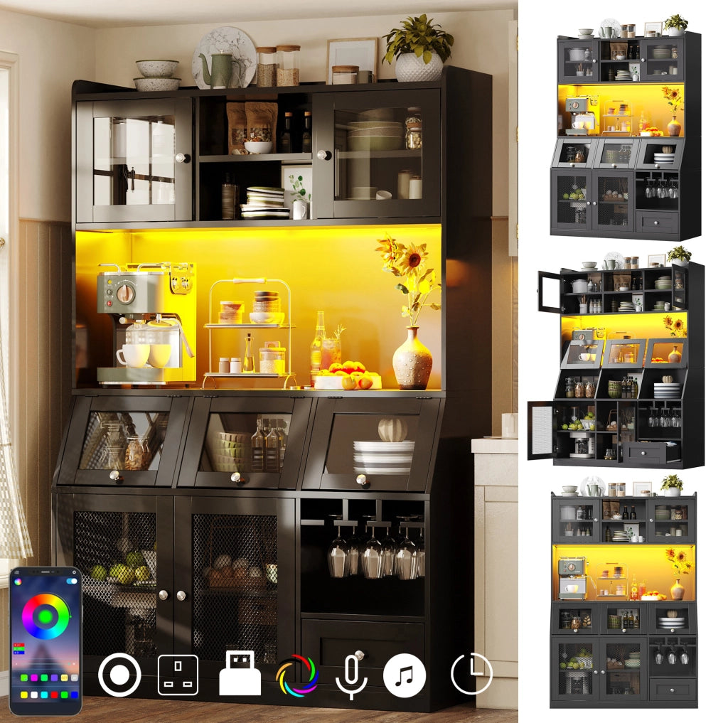 Credenza da cucina nera con LED, USB e ante in vetro