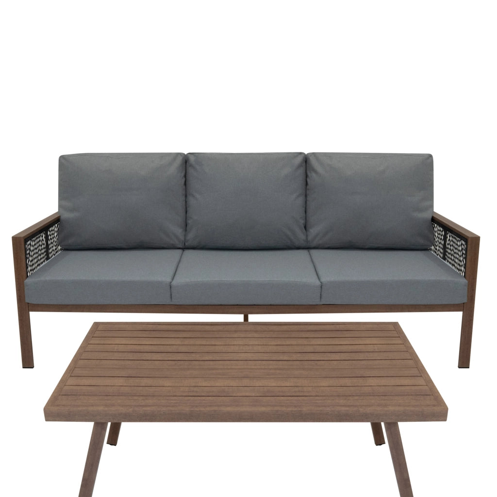 Set Mobili da Esterno 4 Pezzi in Alluminio Divano Tavolino Poltrone Effetto Legno