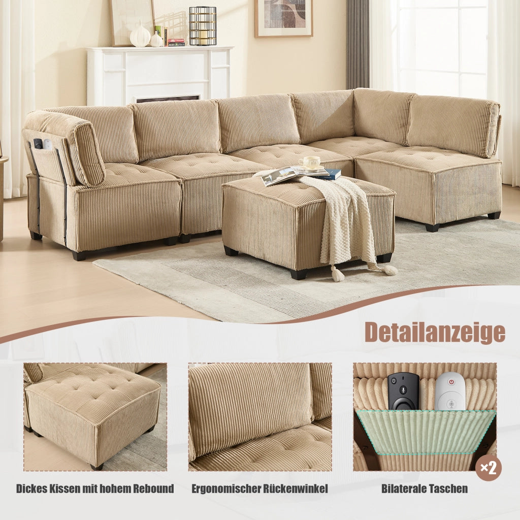 Divano Modulare 6 Posti con Tasche Portaoggetti; Convertibile a U o L o Letto; Comfort Ergonomico; Struttura Legno Metallo in Velluto a Coste Cachi