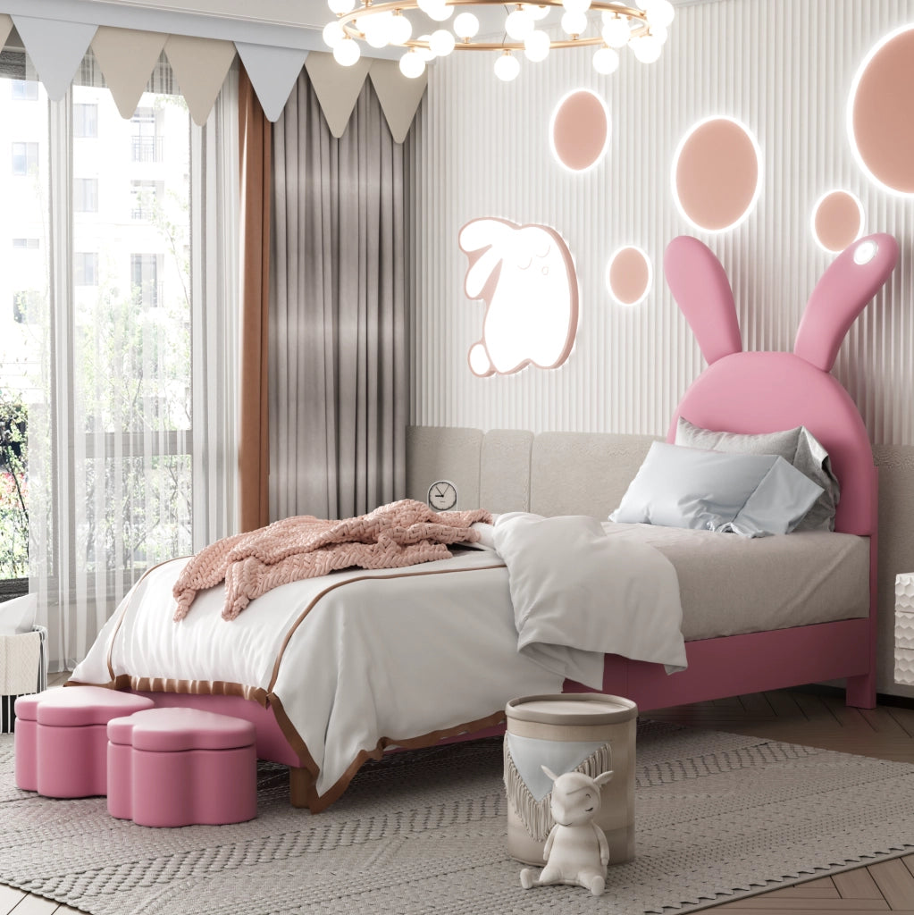 Letto imbottito 90x200 cm; con 2 panche contenitore e LED; velluto; rosa (Senza materasso)