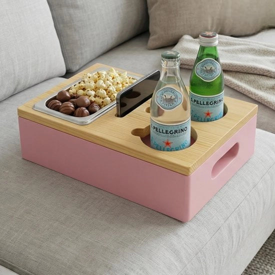Scatola di conservazione per snack con coperchio - Organizzatore multifunzionale per divano - Supporto per telefono - Realizzato in MDF con finitura in legno di abete - Progettato in modo compatto