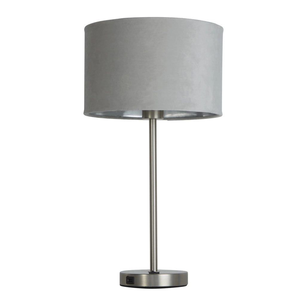 Lampada da tavolo USB Finn - Metallo nichel satinato e paralume in velluto grigio