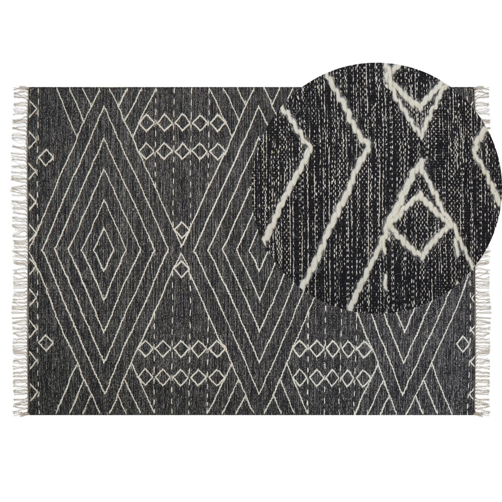 Tappeto in cotone bianco sporco nero 140 x 200 cm motivo geometrico nappe tribale orientale moderno