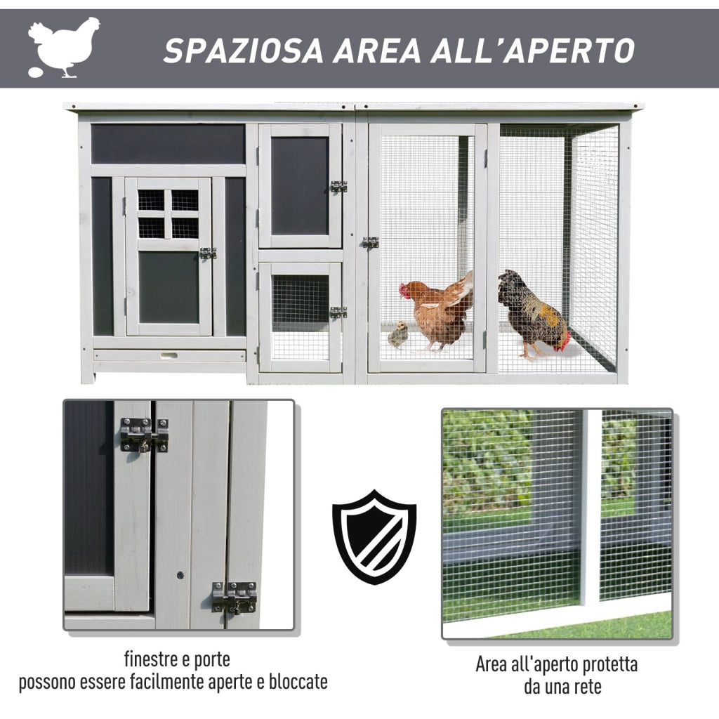 EasyComfort Pollaio per Galline Ovaiole da Esterno con Tetto Impermeabile e Zona di Corsa, Nidificazione in Legno, 160x75x80 cm, Grigio e Bianco