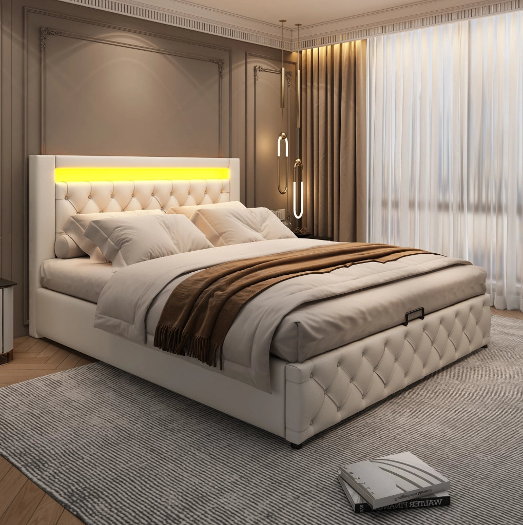 Letto imbottito 140x200 cm con LED; contenitore; rete a doghe; similpelle bianca