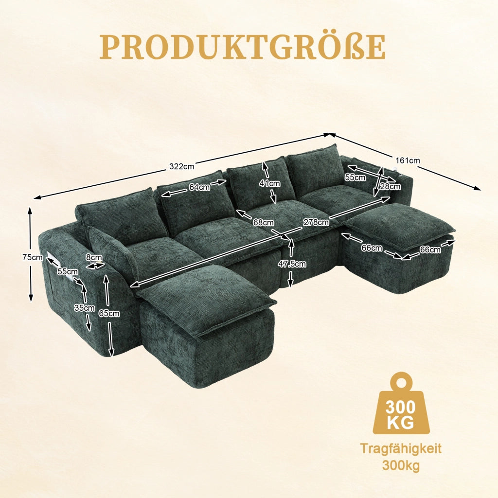 Divano modulare 4 posti con tasche laterali e cuscini in chenille verde per soggiorno e sala d'attesa 322 × 161 × 75 cm
