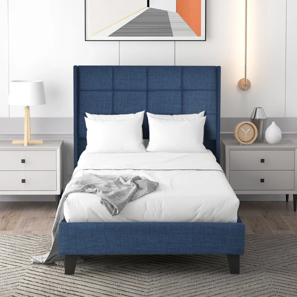 letto imbottito lino blu 90 x 200 cm