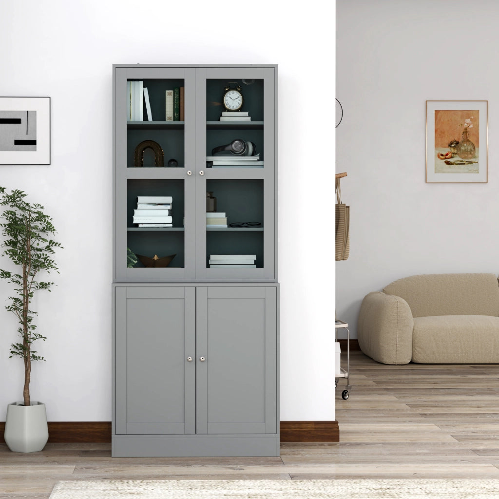 Libreria a 6 livelli con ante in vetro ¨C zephmum ¨C Grigio 80x30x200