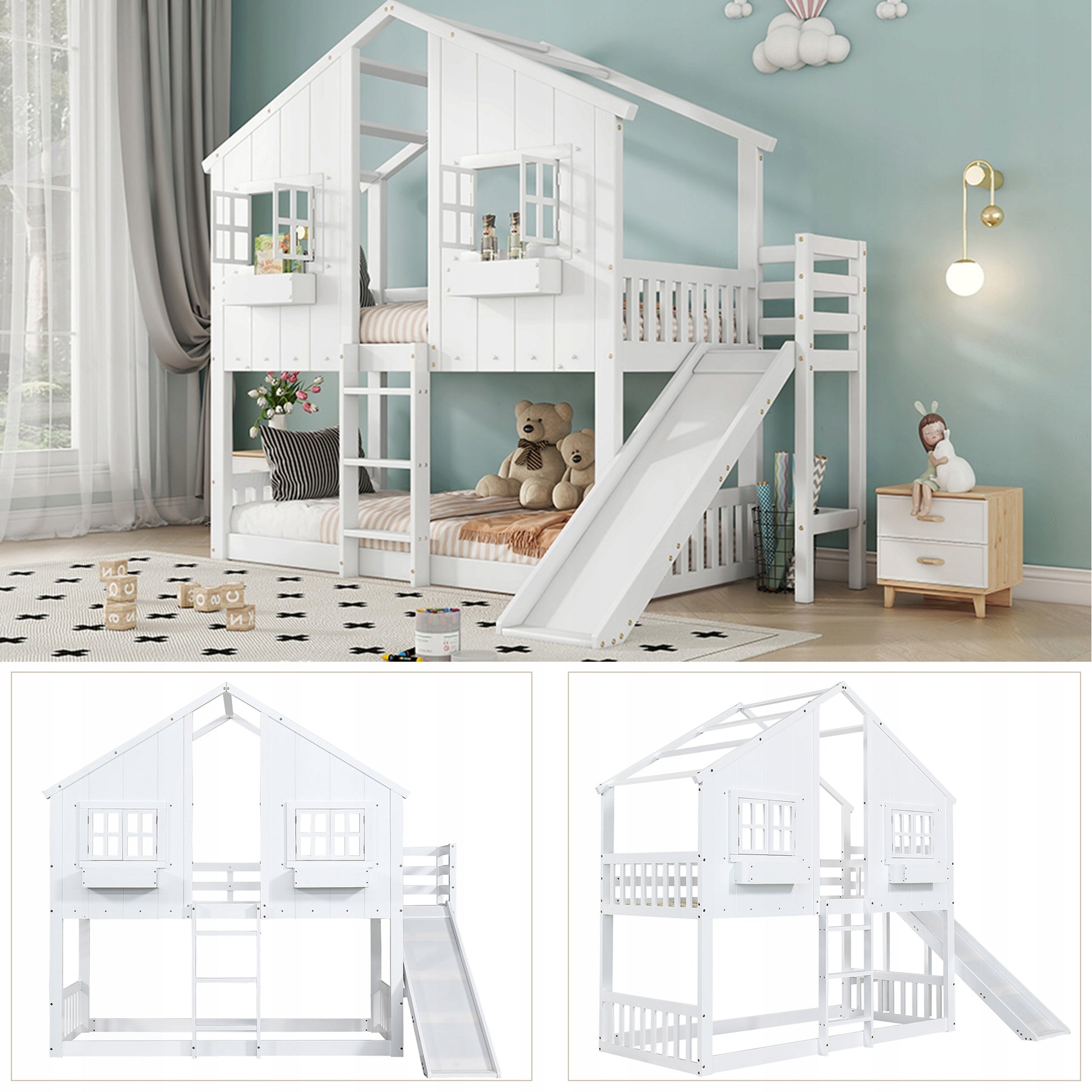 Letto a castello 90x200 - Xylo - Bianco con scivolo e tetto